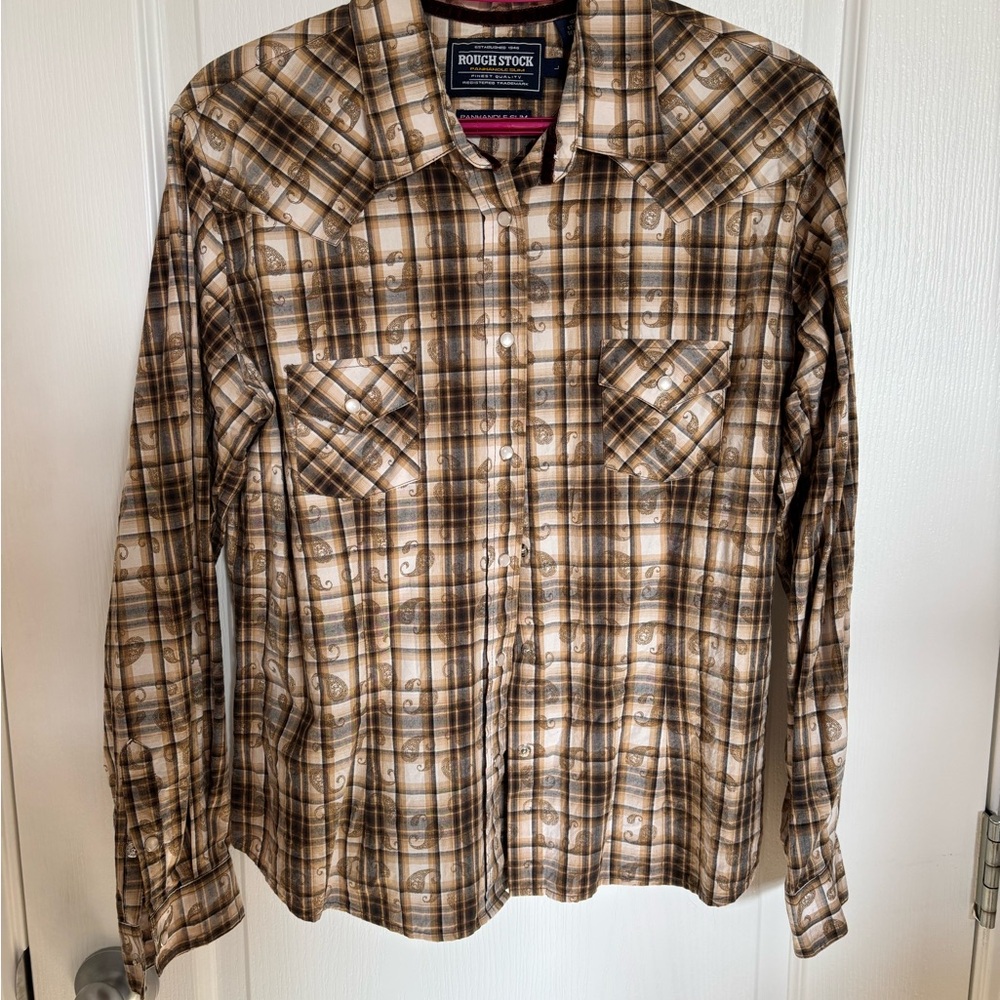 Rough Stock Brand Slim Checkered Western Shirt with Pearl Snap Buttons L